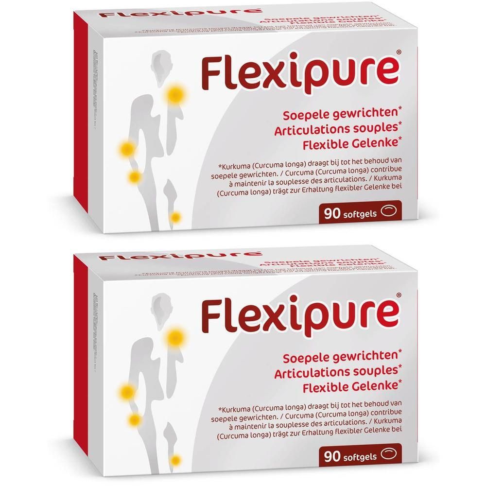 Zwei Packungen Flexipure mit je 90 Kapseln. Vorderseite zeigt eine stilisierte menschliche Figur mit gelben Punkten an Gelenken.
