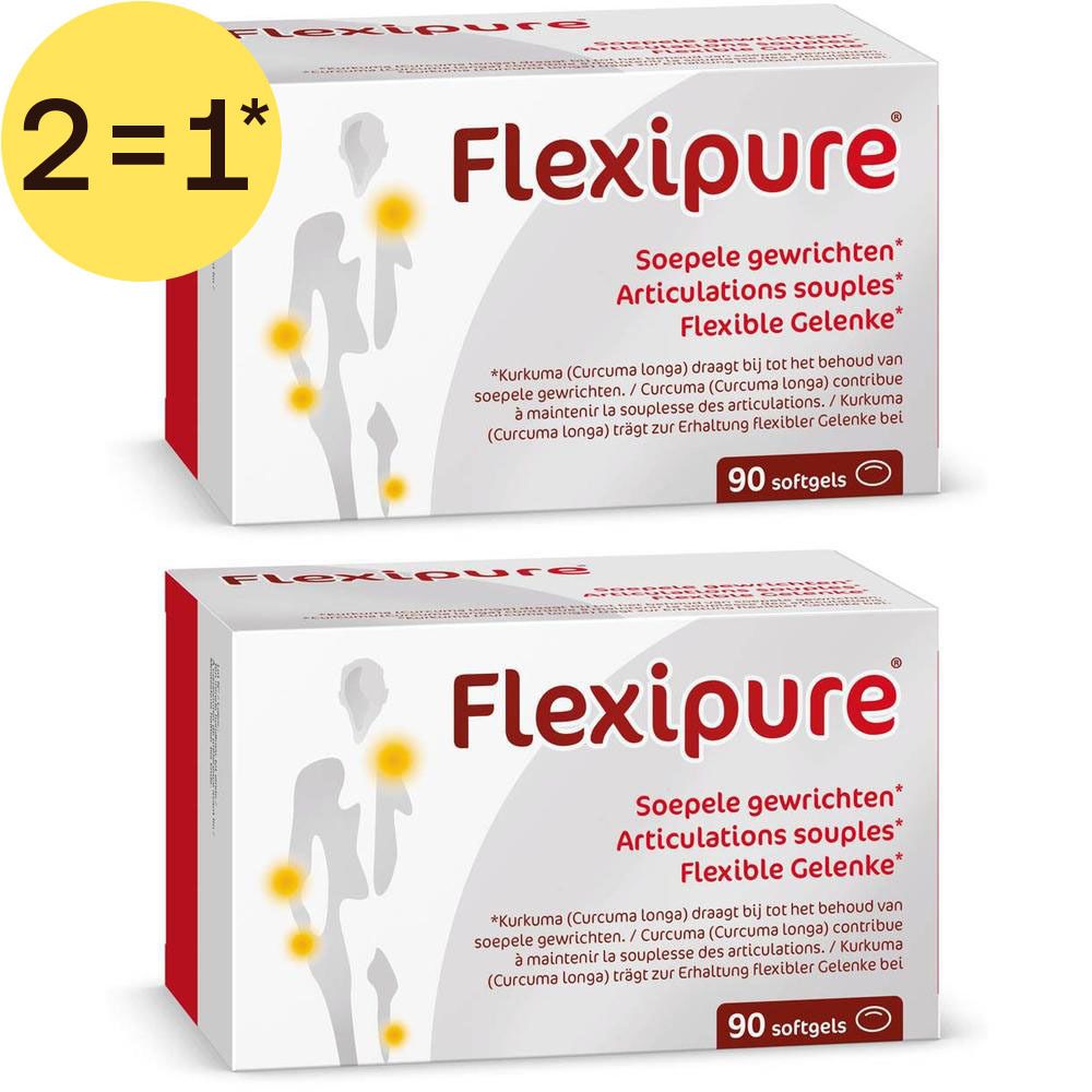 Deux boîtes de Flexipure, 90 capsules chacune. La face avant montre une silhouette humaine stylisée avec des points jaunes sur les articulations.