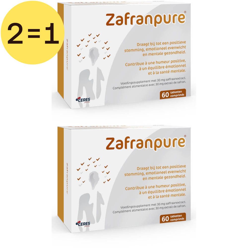 Zwei ZafranPure-Verpackungen. Weiße Schachteln mit Produktnamen und Text. 60 Tabletten. Gelbes 2=1-Etikett.