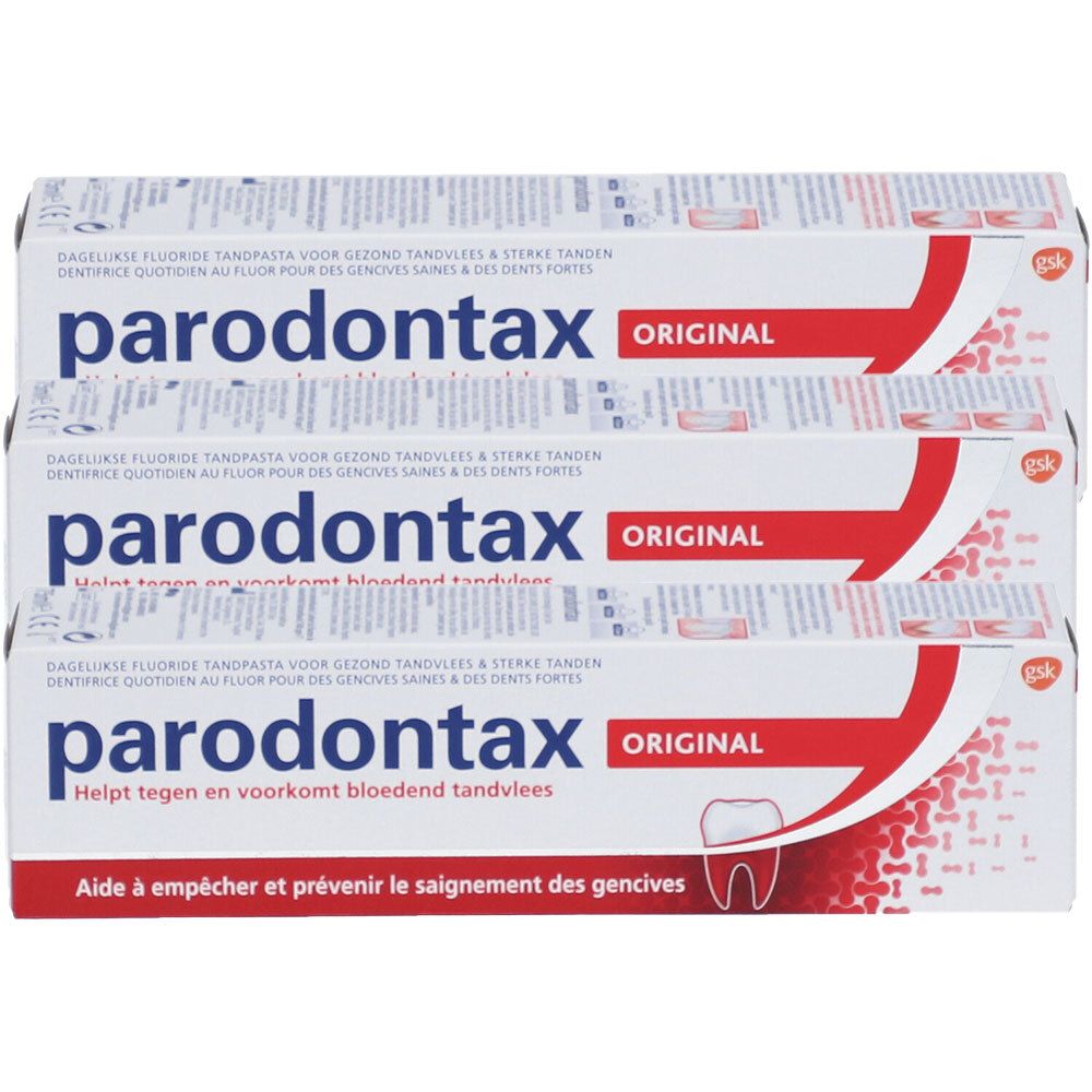 Drei Packungen Zahnpasta. Aufschrift: parodontax ORIGINAL. Rote und weiße Verpackung mit Text in mehreren Sprachen.