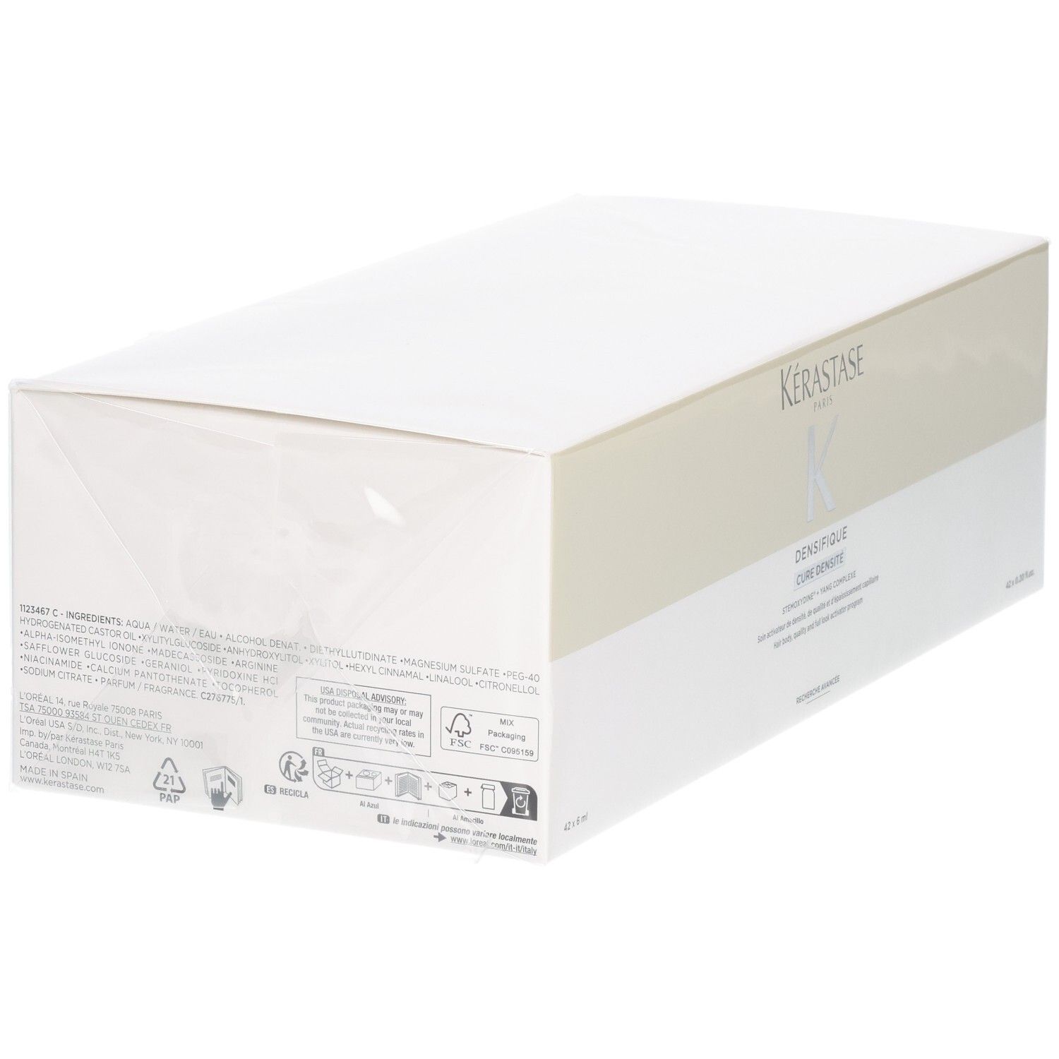 Kérastase Densifique Conditioner Karton. Weiße und goldene Verpackung mit Produktinformationen.
