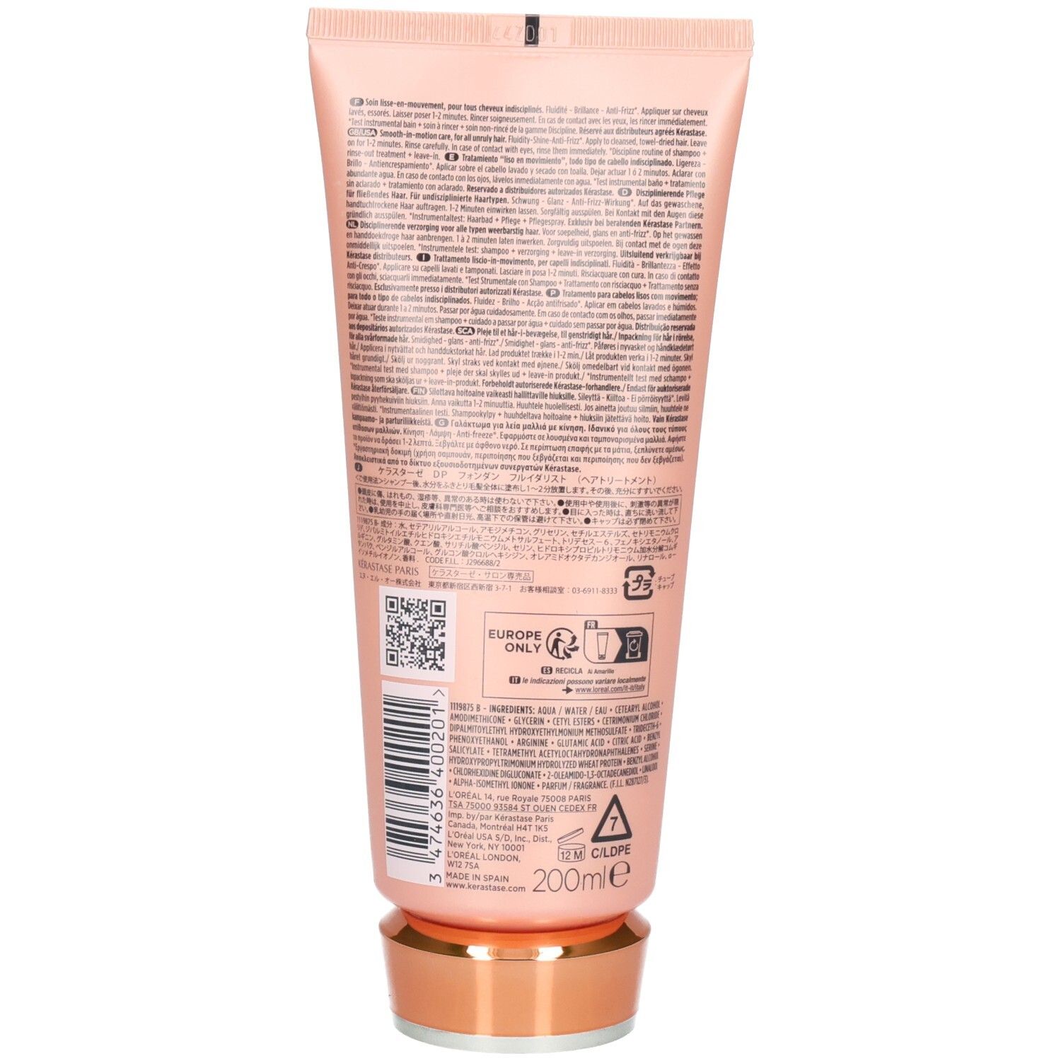 Rückseite einer hellrosa Tube mit Produktinformationen, Barcode und 200ml-Angabe.