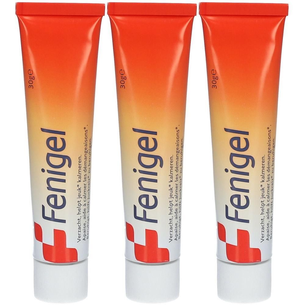 Drei Tuben Fenigel. Orange-weiße Verpackung mit rotem Kreuz und Produktnamen. Aufschrift: Verzacht jeuk, kalmeren.