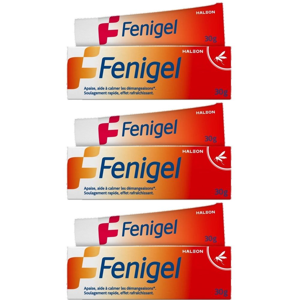 Six tubes de Fenigel. Emballage rouge et blanc avec nom et logo. 30g. Texte: Apaise, aide à calmer les démangeaisons. Soulagement rapide.