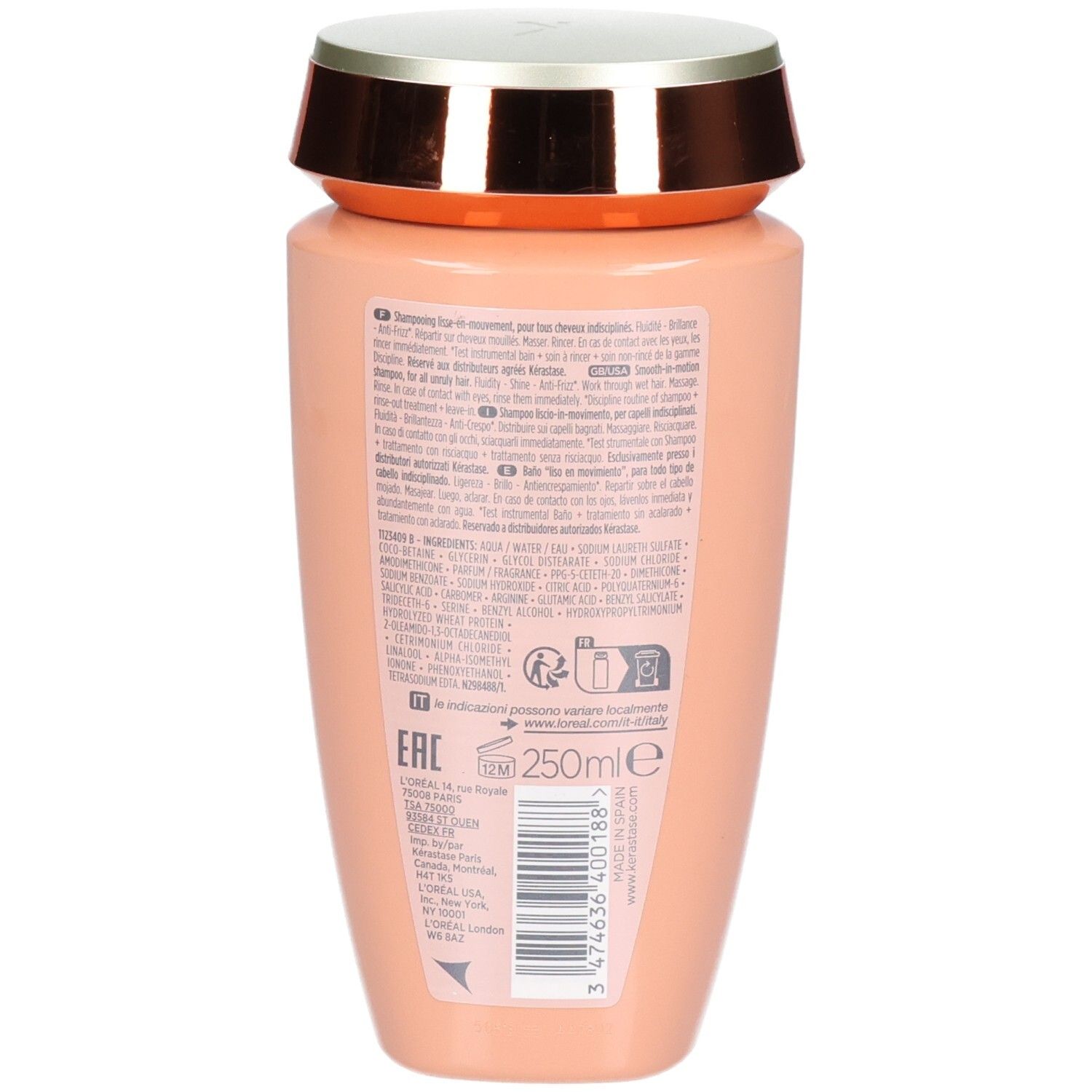 Pfirsichfarbene Flasche mit silbernem und kupferfarbenem Deckel. Rückseite mit Produktinformationen und 250ml Angabe.