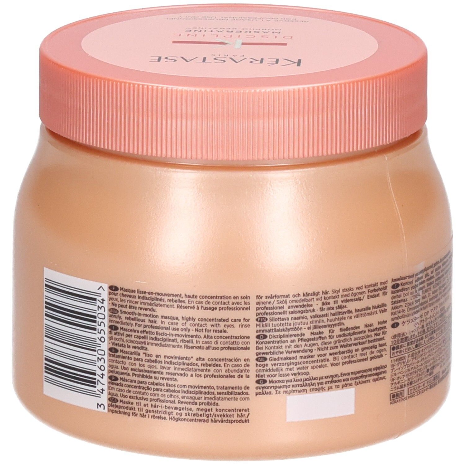 Kérastase Maskeratine Haarkur, Seite mit Barcode und Volumenangabe 500ml.