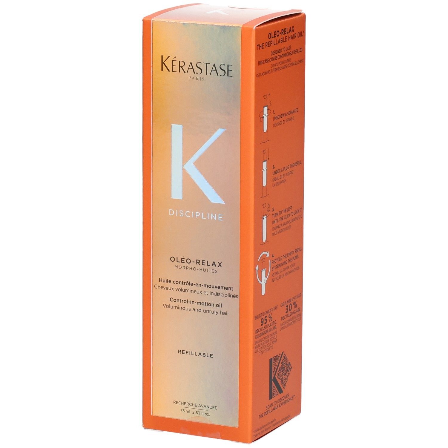 Kérastase Discipline Oleo-Relax Nachfüllöl in orangefarbener Verpackung mit Anweisungen.
