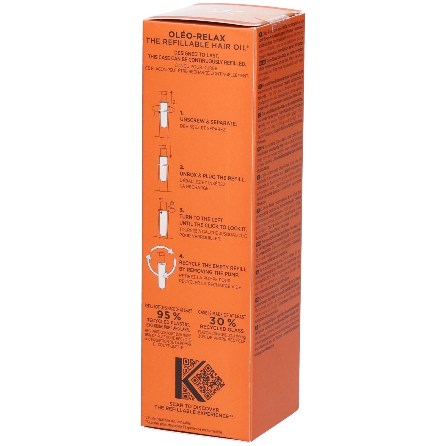 Kérastase Discipline Oleo-Relax Nachfüllöl, Rückseite der orangefarbenen Verpackung mit Nachfüllanleitung und Recycling-Informationen.