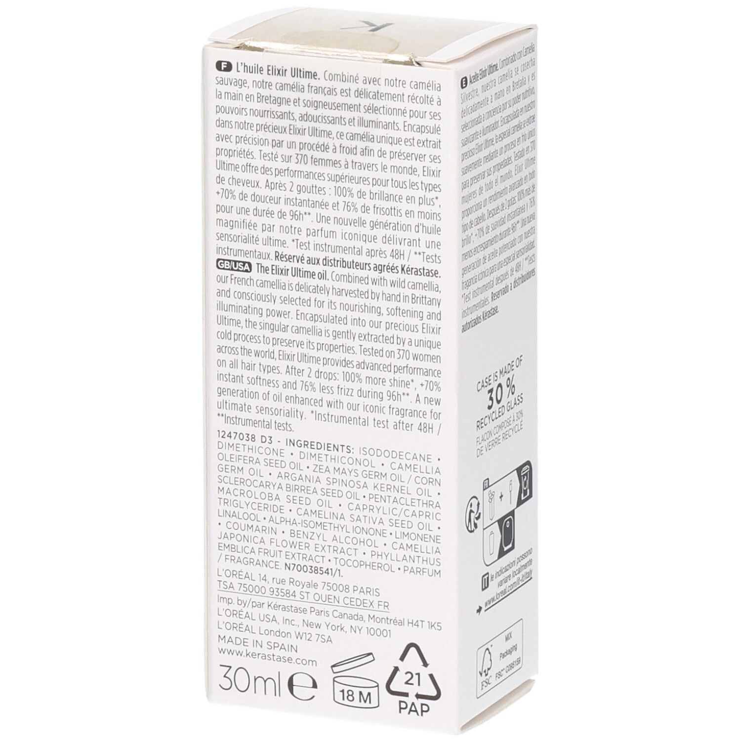 KÉRASTASE Elixir Ultime L’Huile Originale, ingrédients et instructions sur l'emballage.