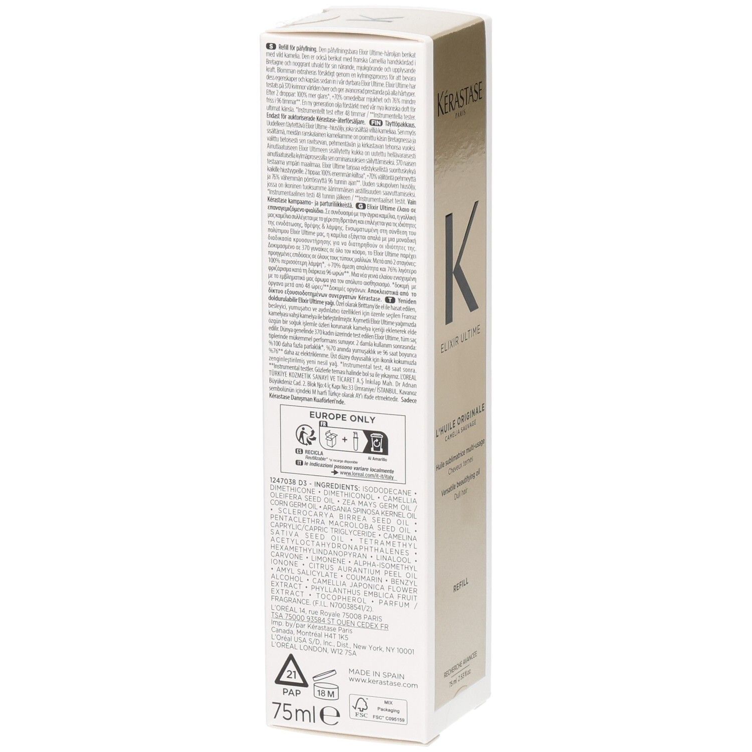 Kérastase Elixir Ultime Nachfüllpackung: Rückseite mit Inhaltsstoffen und Anwendungshinweisen.