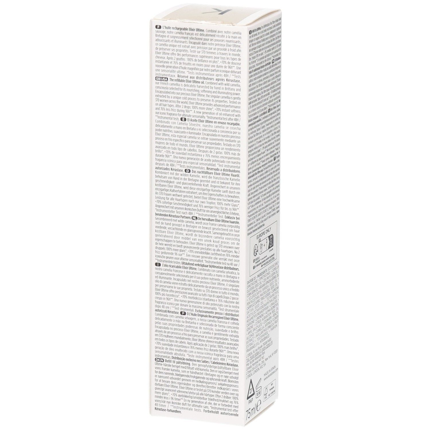 Kérastase Elixir Ultime Nachfüllpackung: Seite mit mehrsprachigen Produktinformationen.