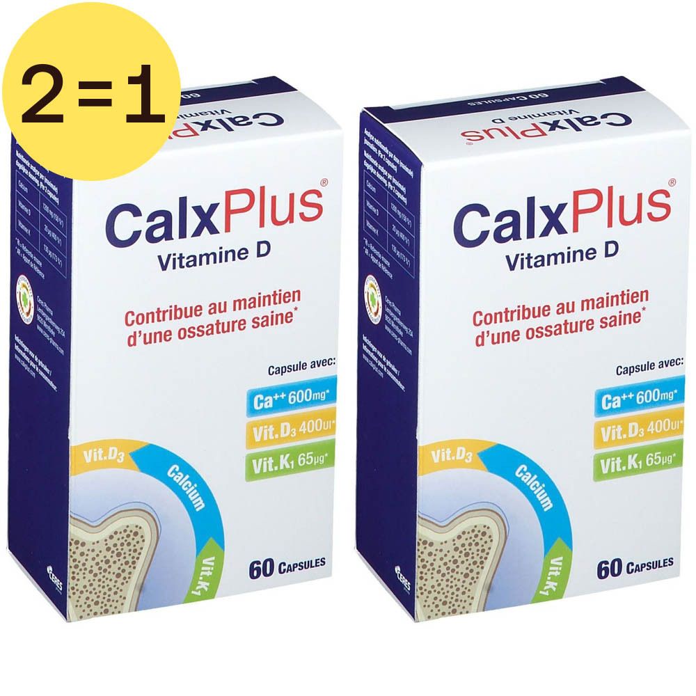 Deux boîtes de CalxPlus Vitamine D. Inscription: Contribue au maintien d'une ossature saine. Contient calcium, vitamine D3 et K1. 60 gélules.