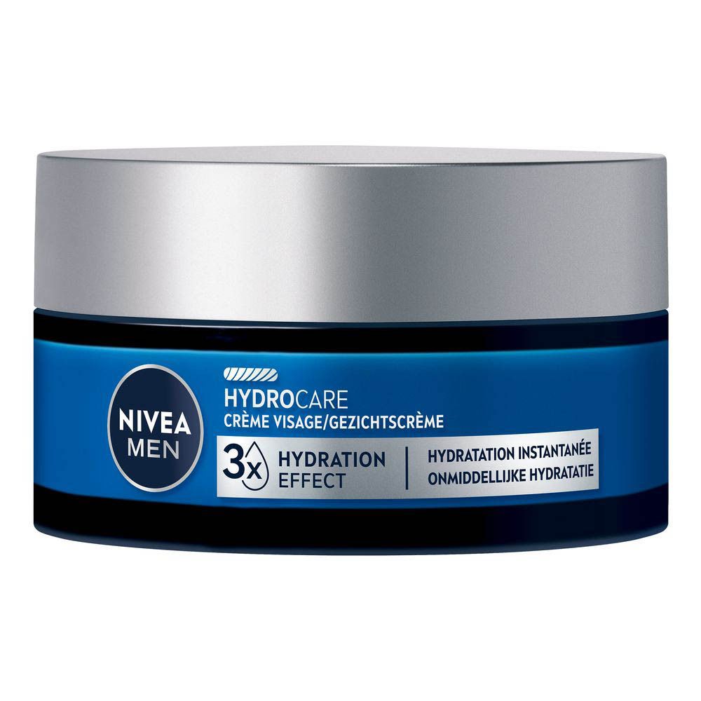 NIVEA MEN HYDROCARE Crème Visage/Gezichtscrème. 3x Hydratation. Pot avec couvercle argenté et bande bleue.