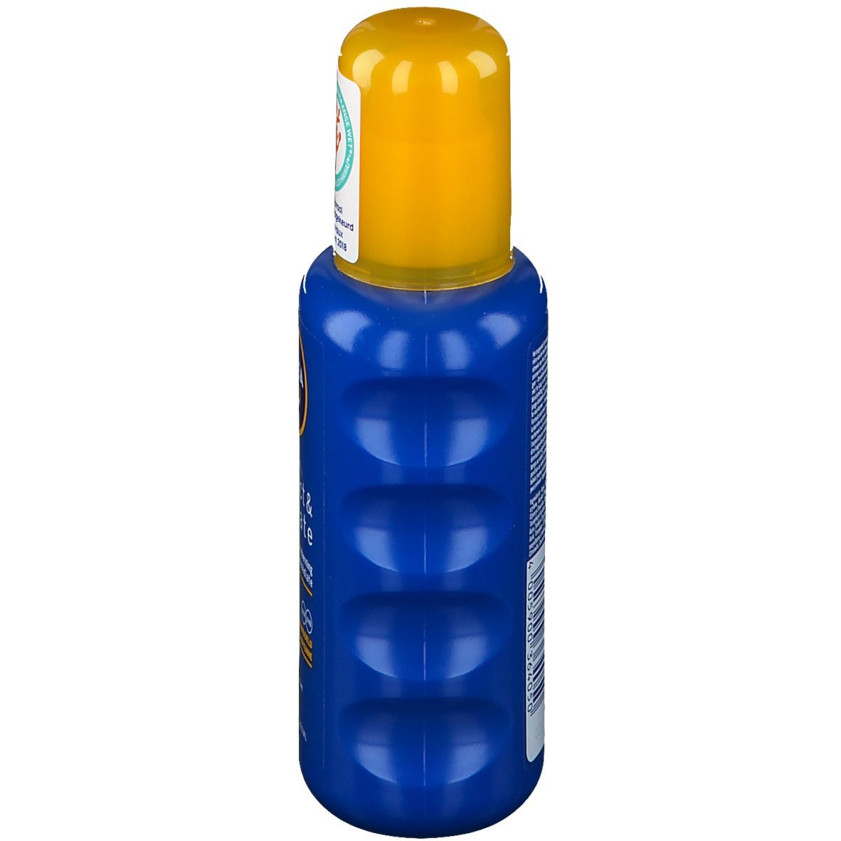Blaue Flasche mit gelbem Deckel. Auf der Seite befinden sich vier konkave, längliche Vertiefungen.
