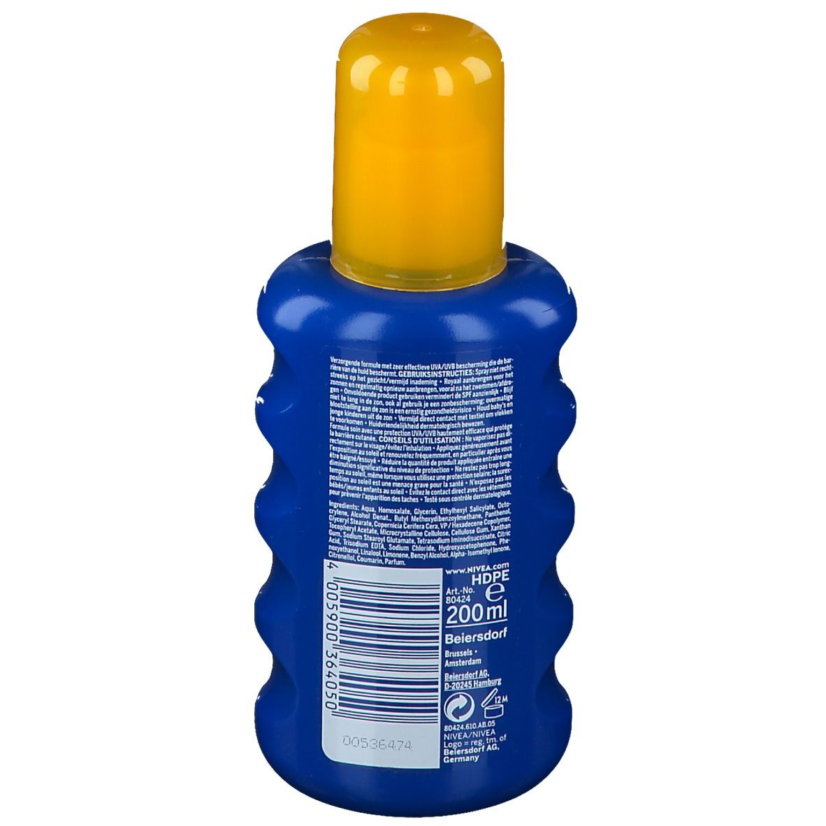 Blaue Flasche mit gelbem Deckel. Rückseite mit Text. Herstellerinformationen und Barcode.
