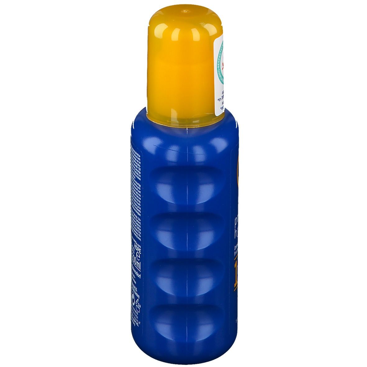 Blaue Flasche mit gelbem Deckel. Auf der Seite befinden sich vier konkave, längliche Vertiefungen.