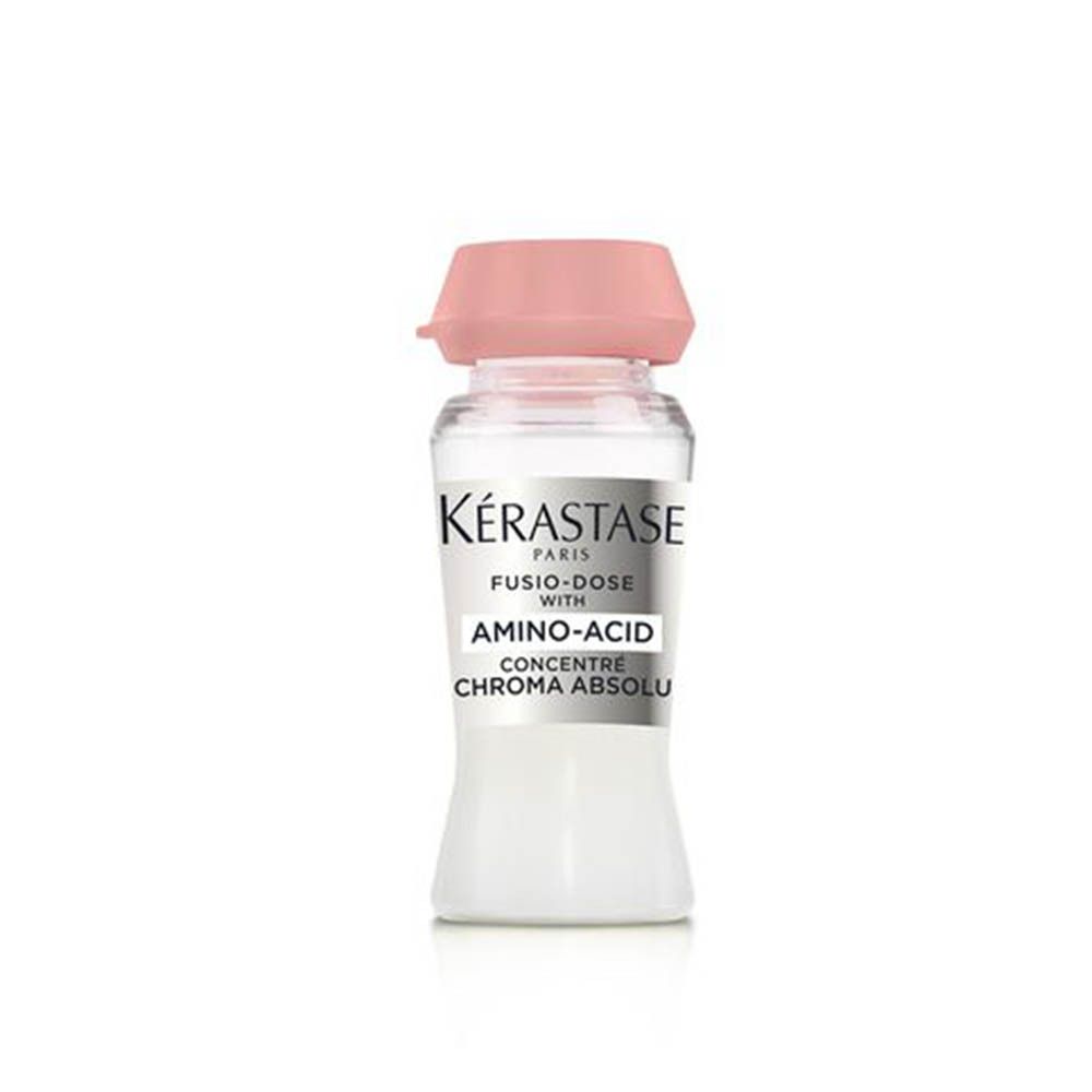 Kérastase Fusio-Dose Aminosäure Konzentrat für Chroma Absolu. Kleine Glasflasche mit rosa Verschluss.