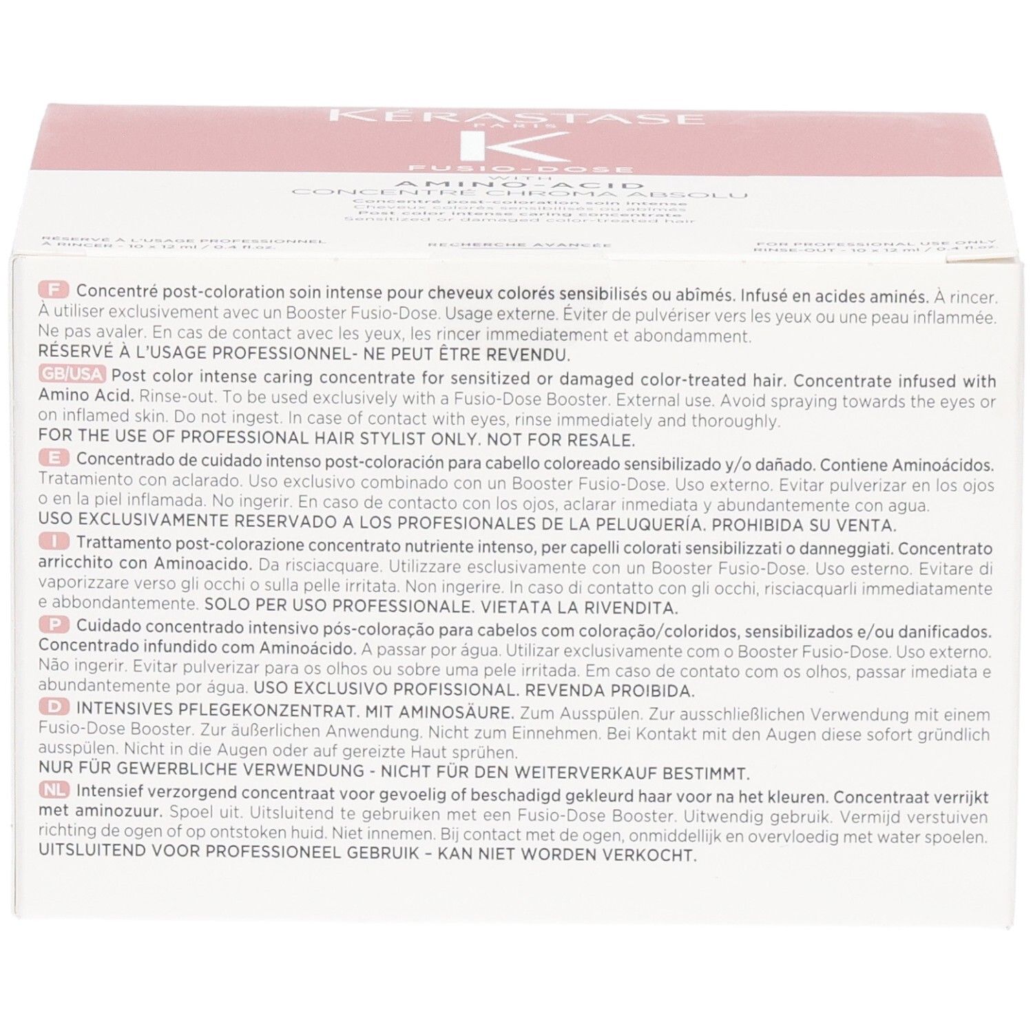 Kérastase Fusio-Dose Concentré Genesis Box mit detaillierten Anwendungshinweisen in mehreren Sprachen.