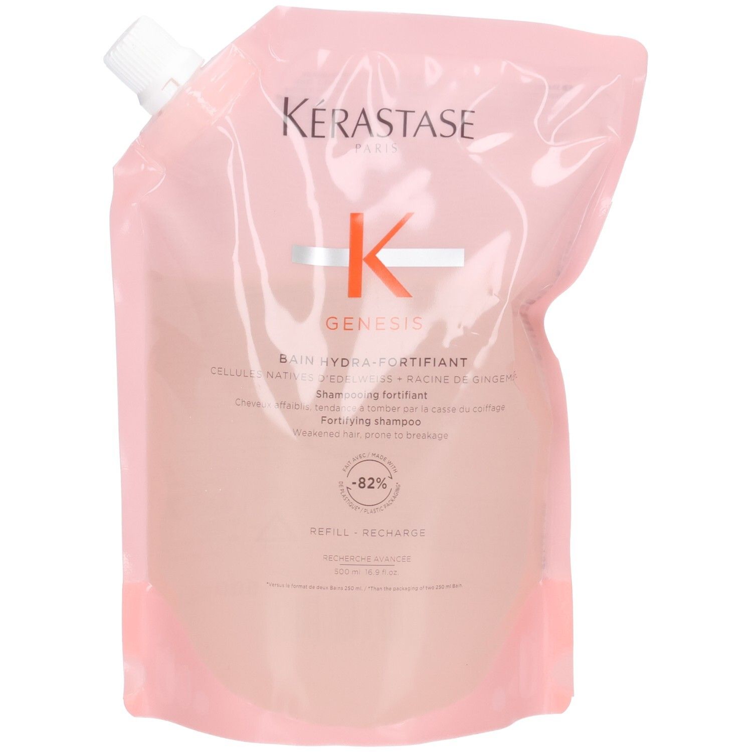Kérastase Genesis Bain Hydra-Fortifiant Shampoo Nachfüllpackung. Rosa Beutel mit weißem Ausguss.