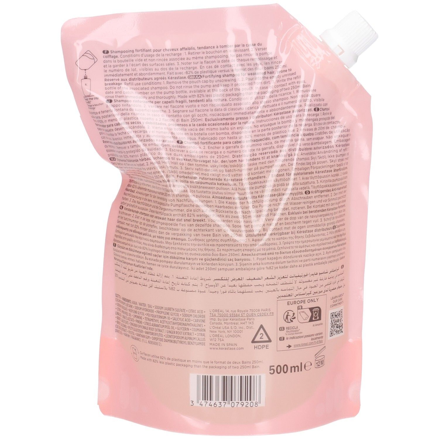 Rückseite der Kérastase Genesis Bain Hydra-Fortifiant Shampoo Nachfüllpackung mit Text und Barcode.