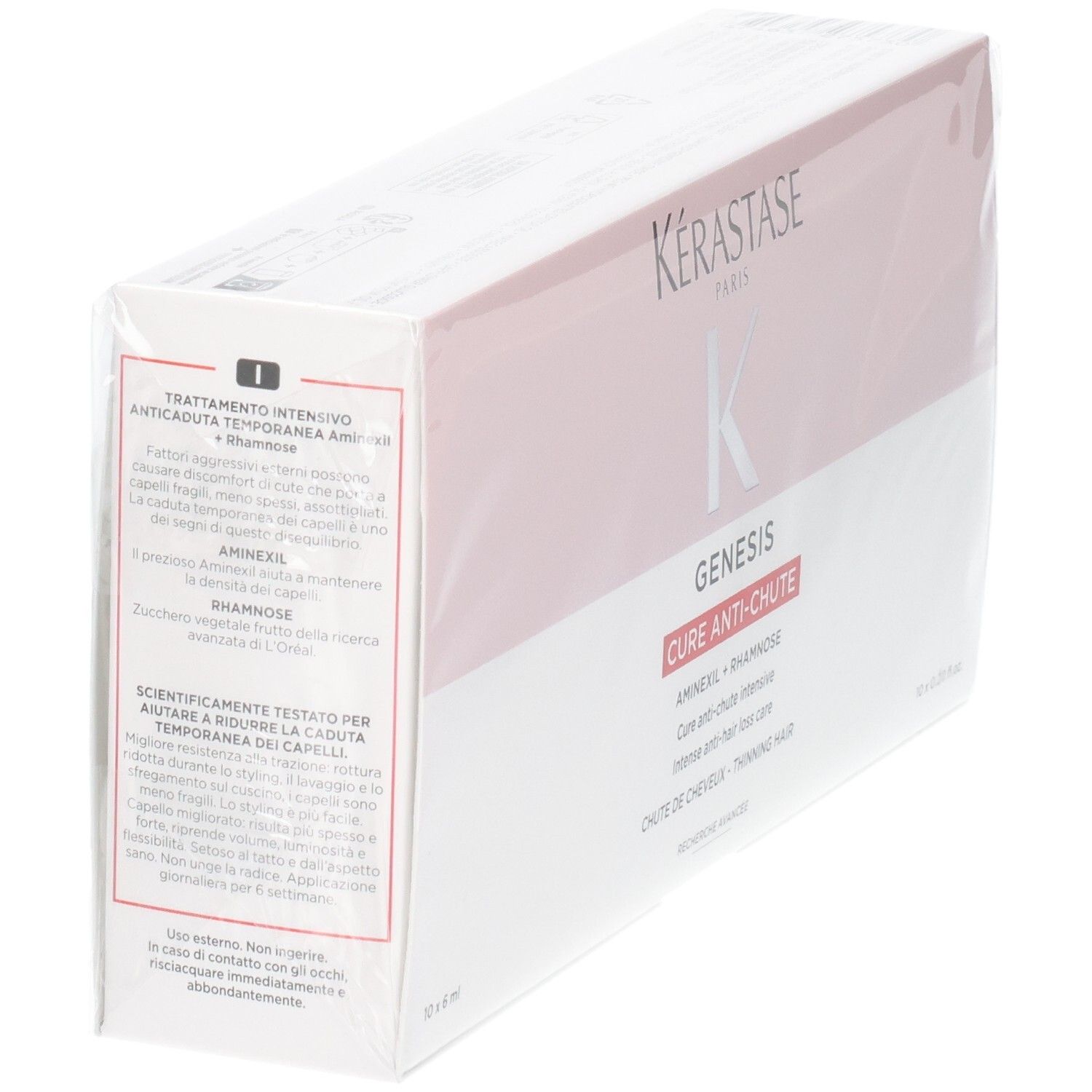 Kérastase Genesis Cure Anti-Chute Intensive Packung mit 10x6ml Ampullen, Rückseite mit Produktinformationen.