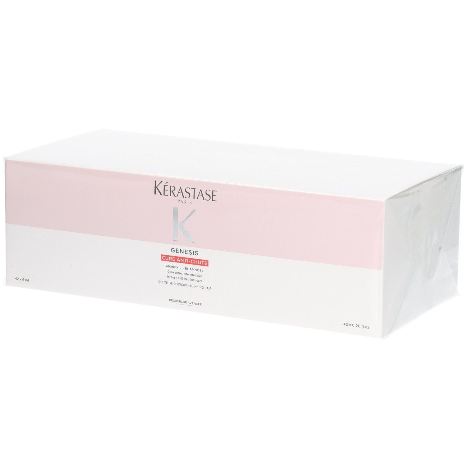 Kérastase Genesis Cure Anti-Chute Intensive Haarkur-Box, weiß mit rosa Band.