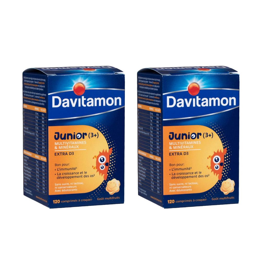 Deux boîtes de Davitamon Junior (3+) Multivitamines & Minéraux. Emballage bleu avec accent jaune. Inscription : Extra D3, 120 comprimés à croquer.