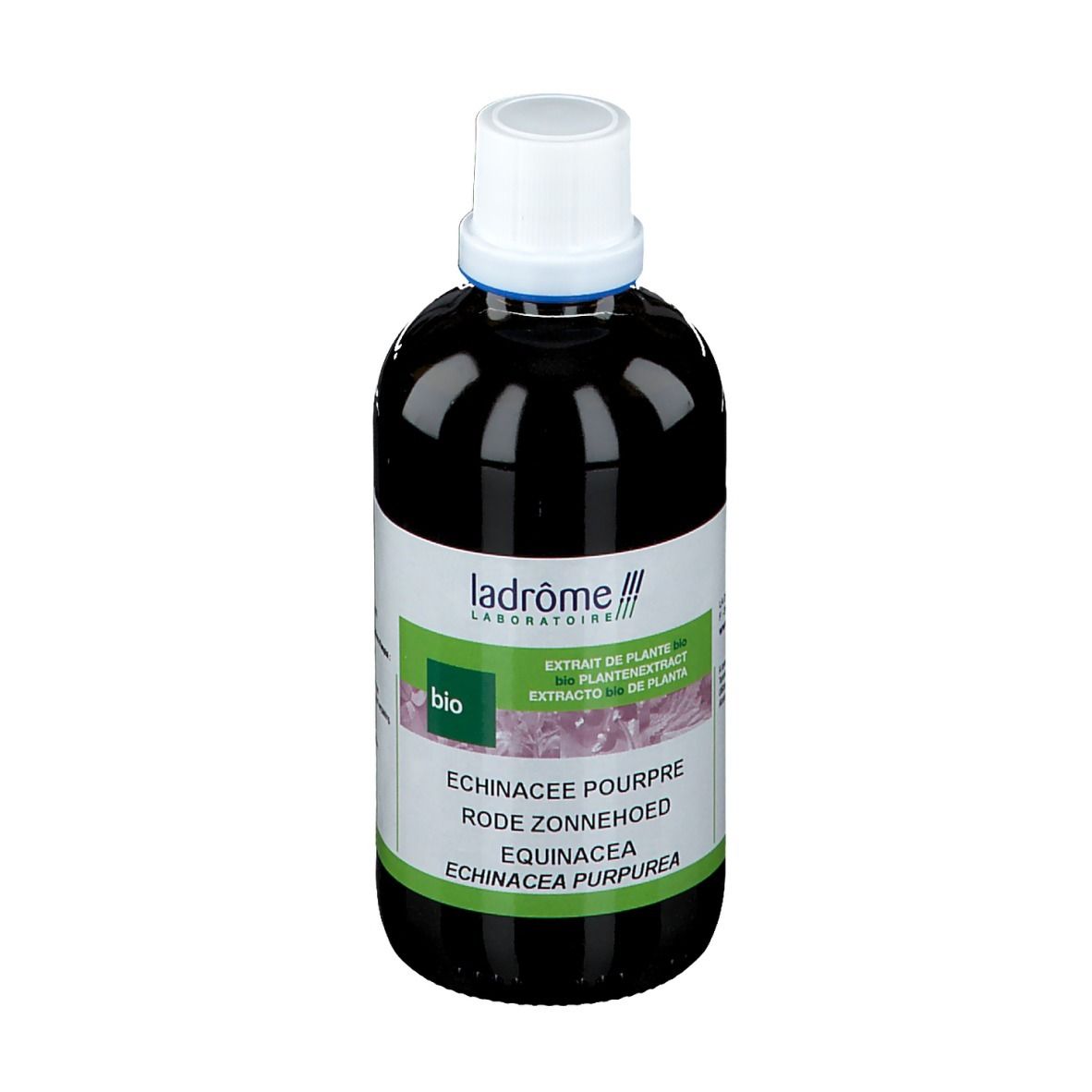 Braune Flasche mit weißem Deckel. Etikett mit Text und Logo. Produktname: Echinacea Purpurea.