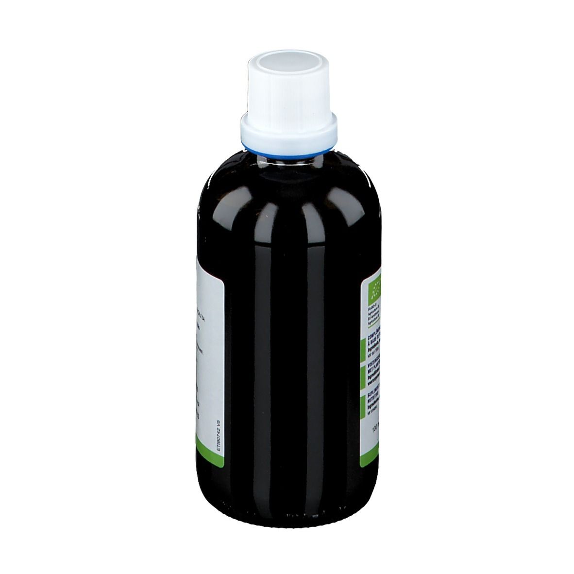 Braune Flasche mit weißem Deckel. Etikett mit Text. Produktname: Echinacea Purpurea.