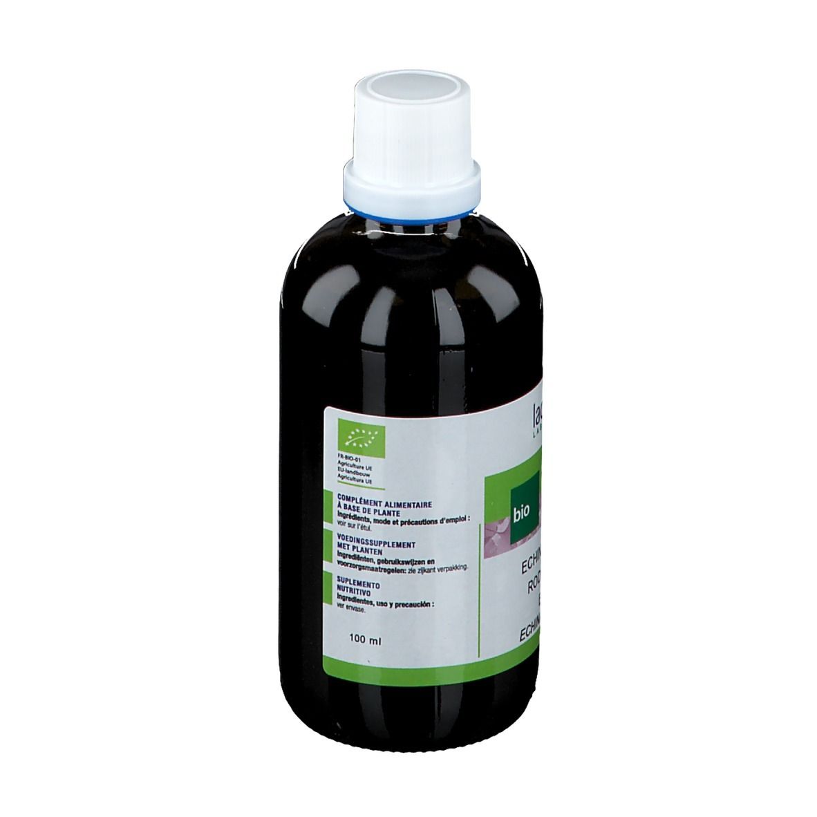 Braune Flasche mit weißem Deckel. Etikett mit Text und Logo. Produktname: Echinacea Purpurea.