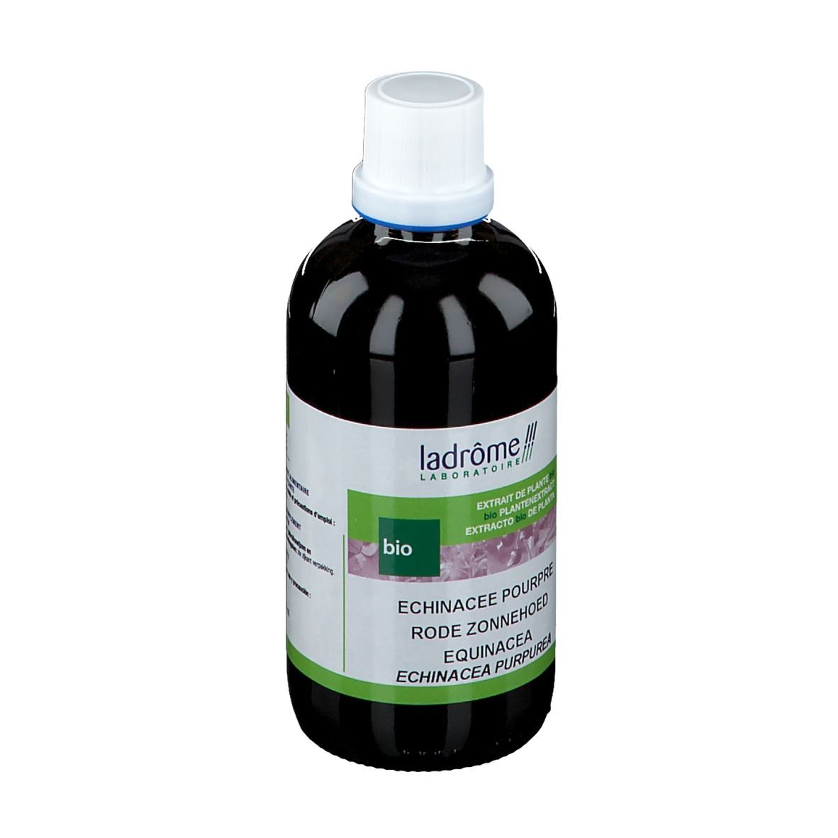 Braune Flasche mit weißem Deckel. Etikett mit Text und Logo. Produktname: Echinacea Purpurea.
