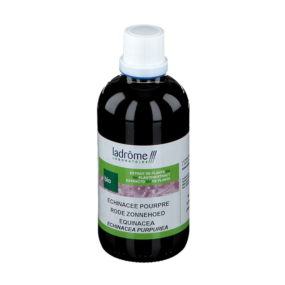 Braune Flasche mit weißem Deckel. Etikett mit Text und Logo. Produktname: Echinacea Purpurea.