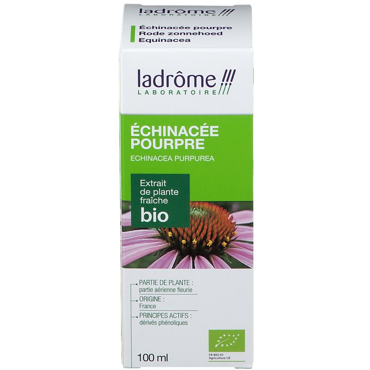 Weiße Schachtel mit Text und Logo. Produktname: Echinacea Purpurea. Abbildung einer Blüte.