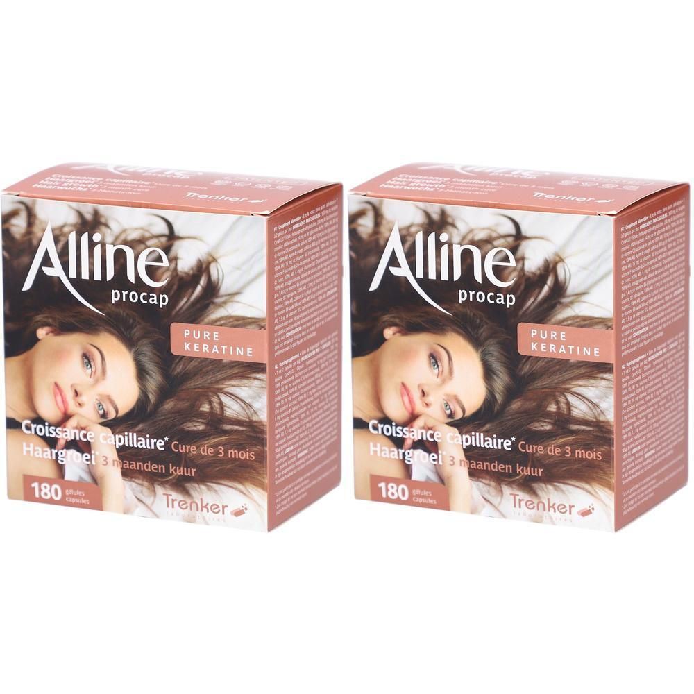 Zwei Kartons mit Produktaufdrucken. Aufschrift: Alline Procap, Pure Keratin, Haarwachstum, 180 Kapseln. Braune Verpackung mit Frauenbild.