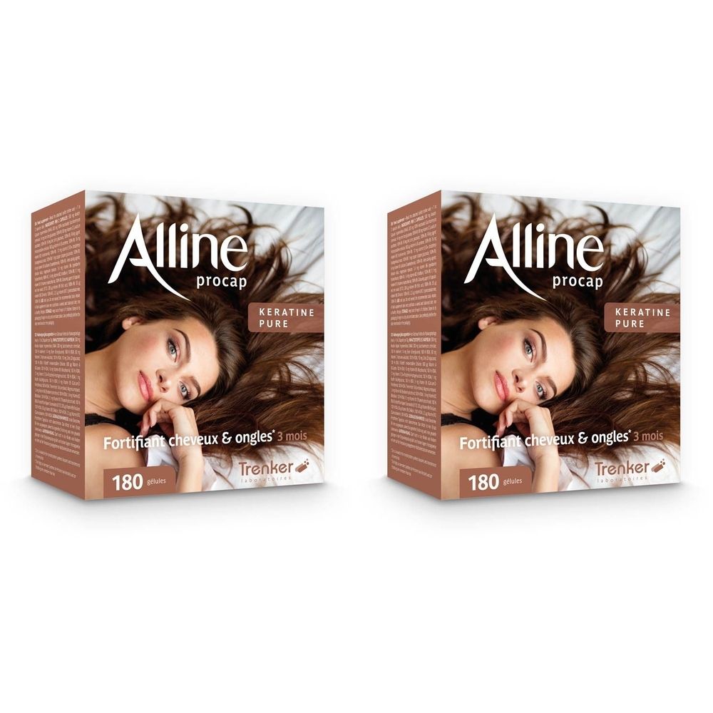 Deux boîtes avec impressions. Inscription: Alline Procap, Pure Keratin, Fortifiant cheveux & ongles, 180 gélules. Emballage brun.