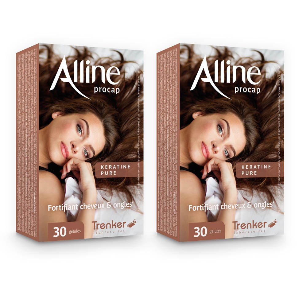 Deux boîtes "Alline procap" avec "Keratine Pure". Inscription : "Fortifiant cheveux & ongles", "30 gélules", "Trenker". Femme aux cheveux longs.
