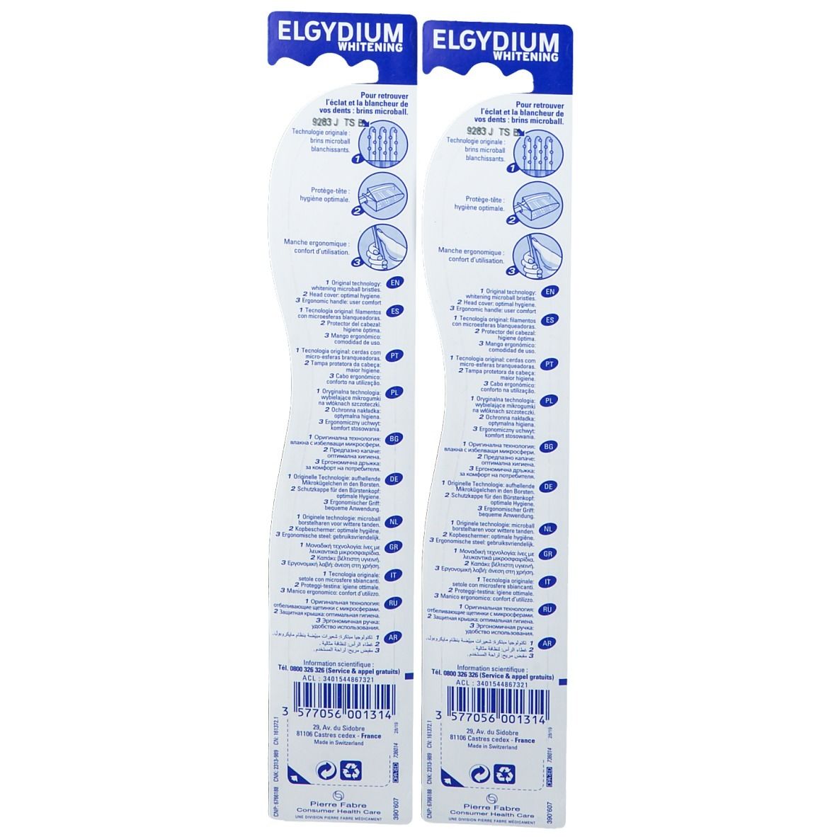 Rückseite der Zahnbürstenverpackung. Text in mehreren Sprachen. Illustrationen und Logos.