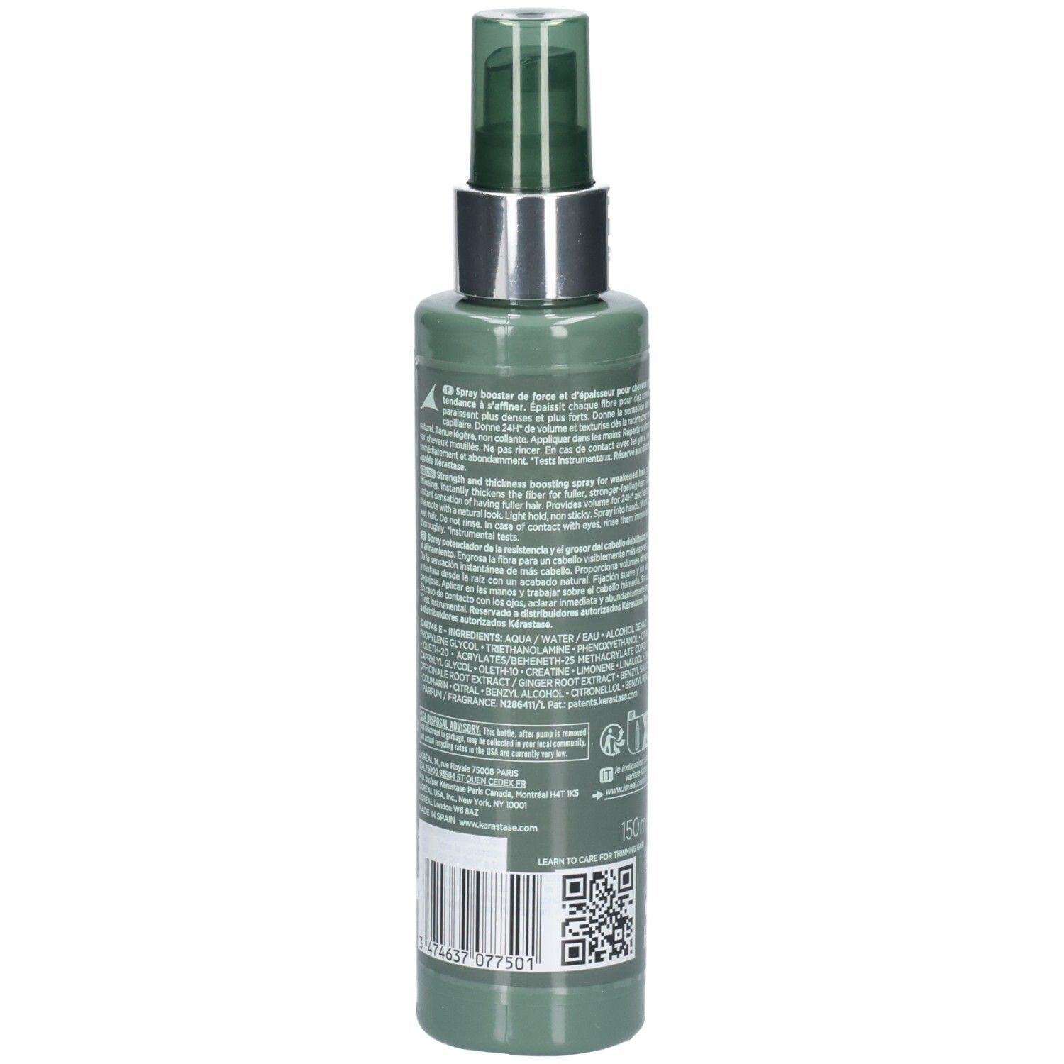 Grüne Sprühflasche mit silbernem Kragen und grünem Sprühkopf. Enthält Text und Barcode.