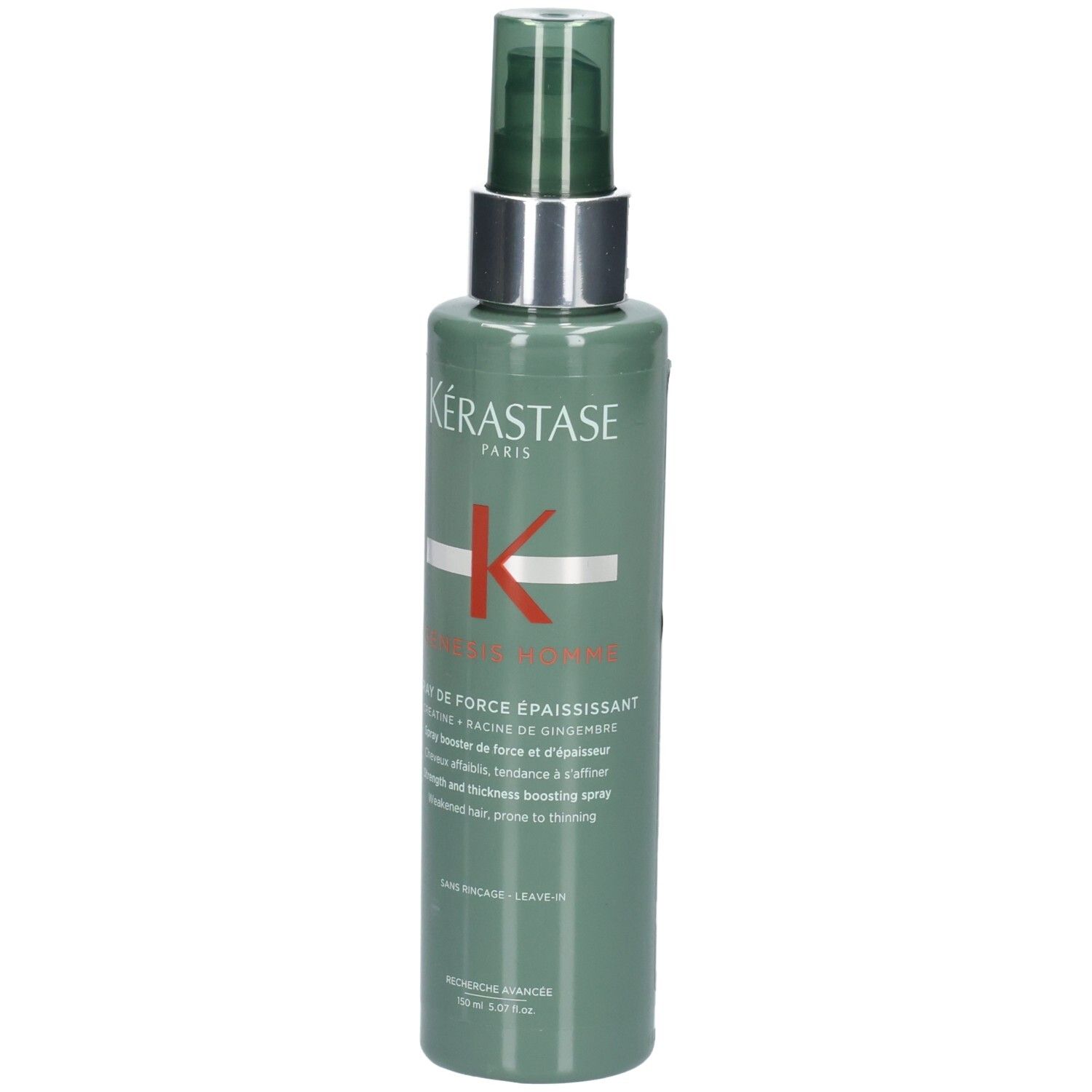 Kérastase Haar-Booster-Spray mit K-Logo und Aufschrift 'Force Épaississant'. Grüne Flasche mit Pumpspender.