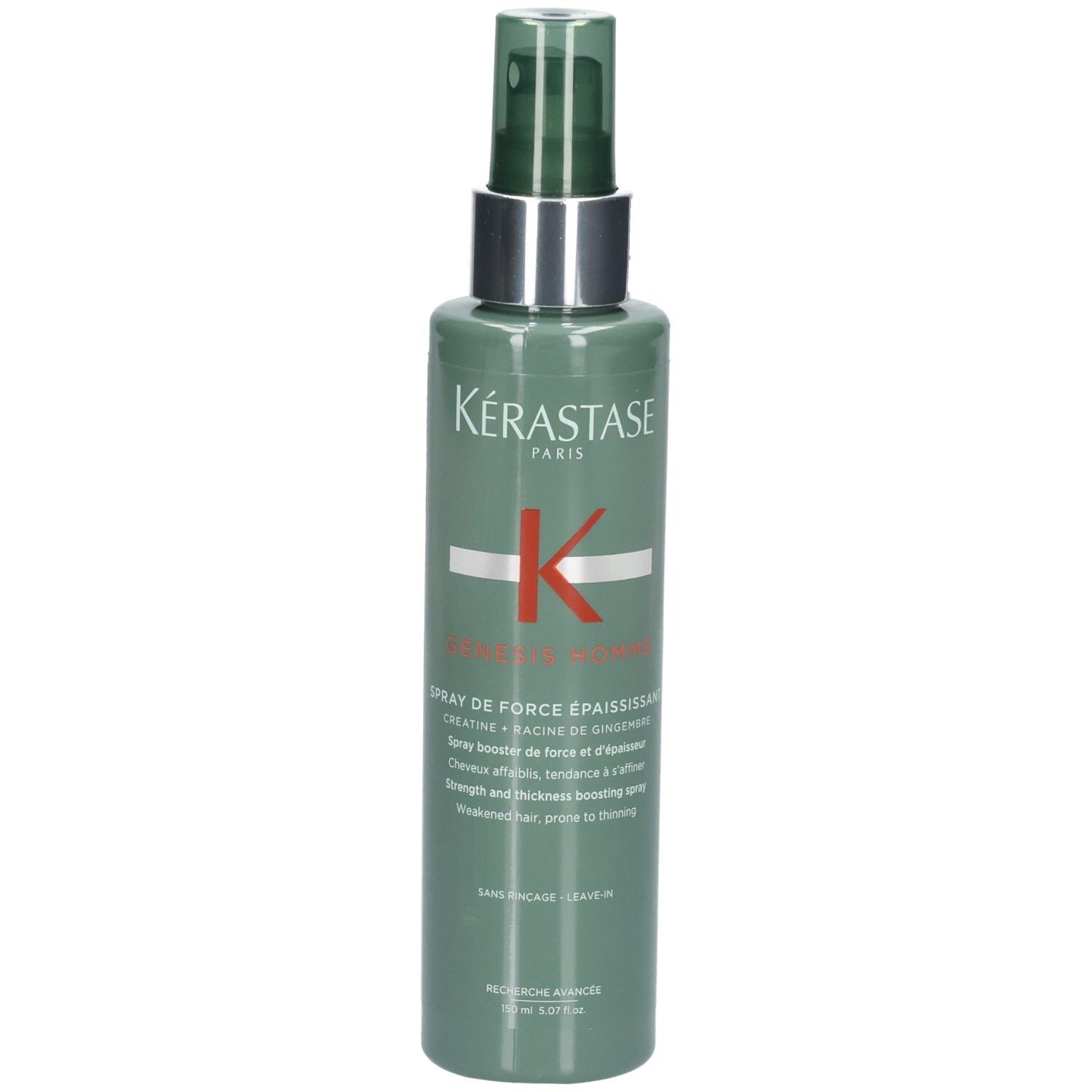 Kérastase Spray de Force Épaississant Flasche mit Sprühkopf. Grüne Flasche mit silbernem Ring und weißem Etikett.