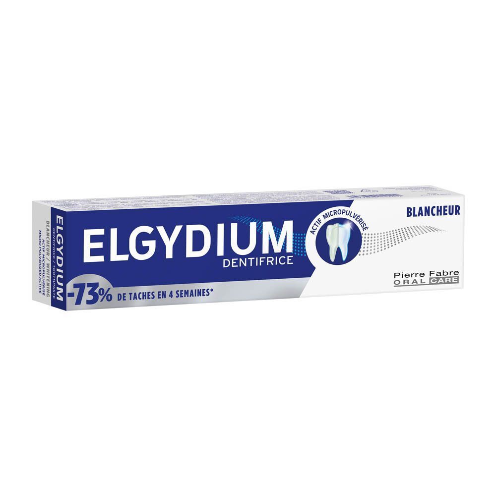 Elgydium Zahnpasta-Verpackung mit Aufschrift "Blancheur" und "-73% Flecken in 4 Wochen".