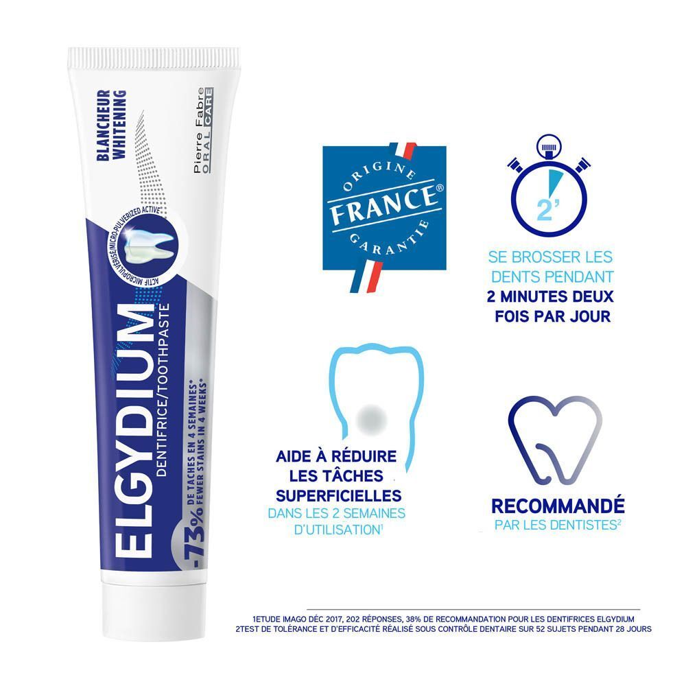 Elgydium Whitening Zahnpasta-Tube mit Icons: Frankreich-Garantie, 2 Minuten Zähneputzen, Fleckenreduktion, Zahnärzte-Empfehlung.