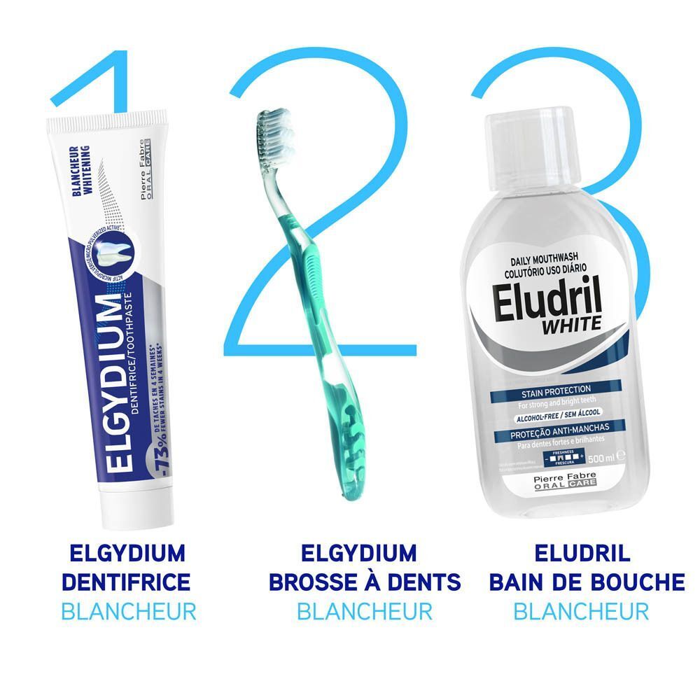 Elgydium Zahnpasta Tube, weiß und blau, mit Aufschrift 'BLANCHUER WHITENING'.