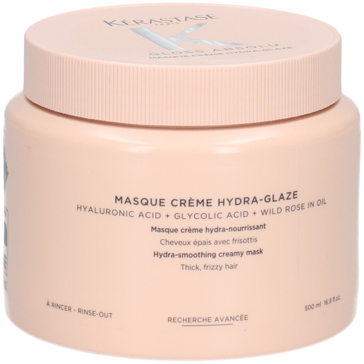 Kerastase Masque Crème Hydra-Glaze Haarkur in einem rosafarbenen Tiegel mit 500 ml Inhalt.