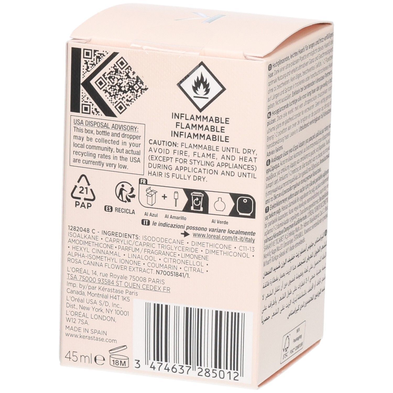 Kérastase Gloss Absolu Glaze Drops Haaröl: Entzündlich-Hinweis und Inhaltsstoffliste.