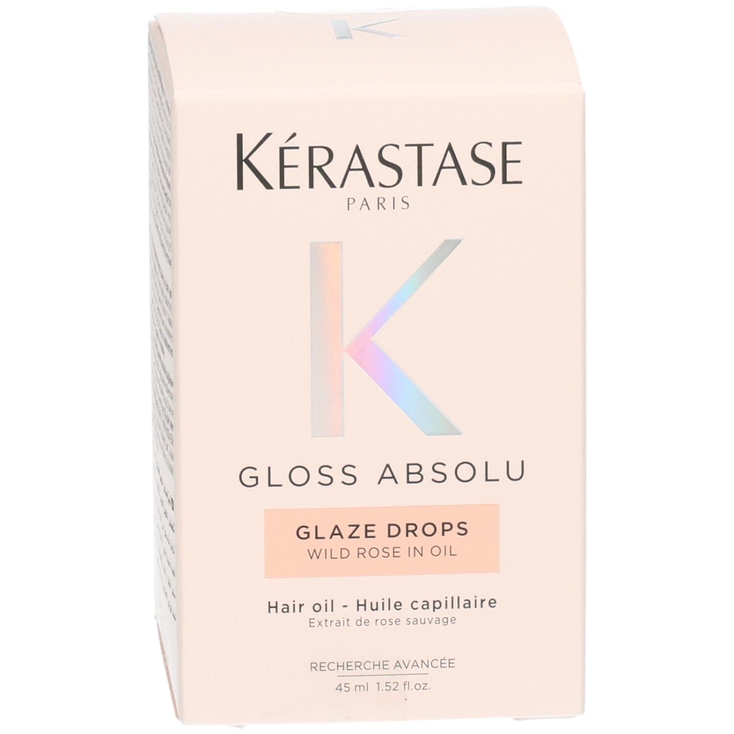 Kérastase Gloss Absolu Glaze Drops Haaröl: Frontansicht der Verpackung mit Markenschriftzug.