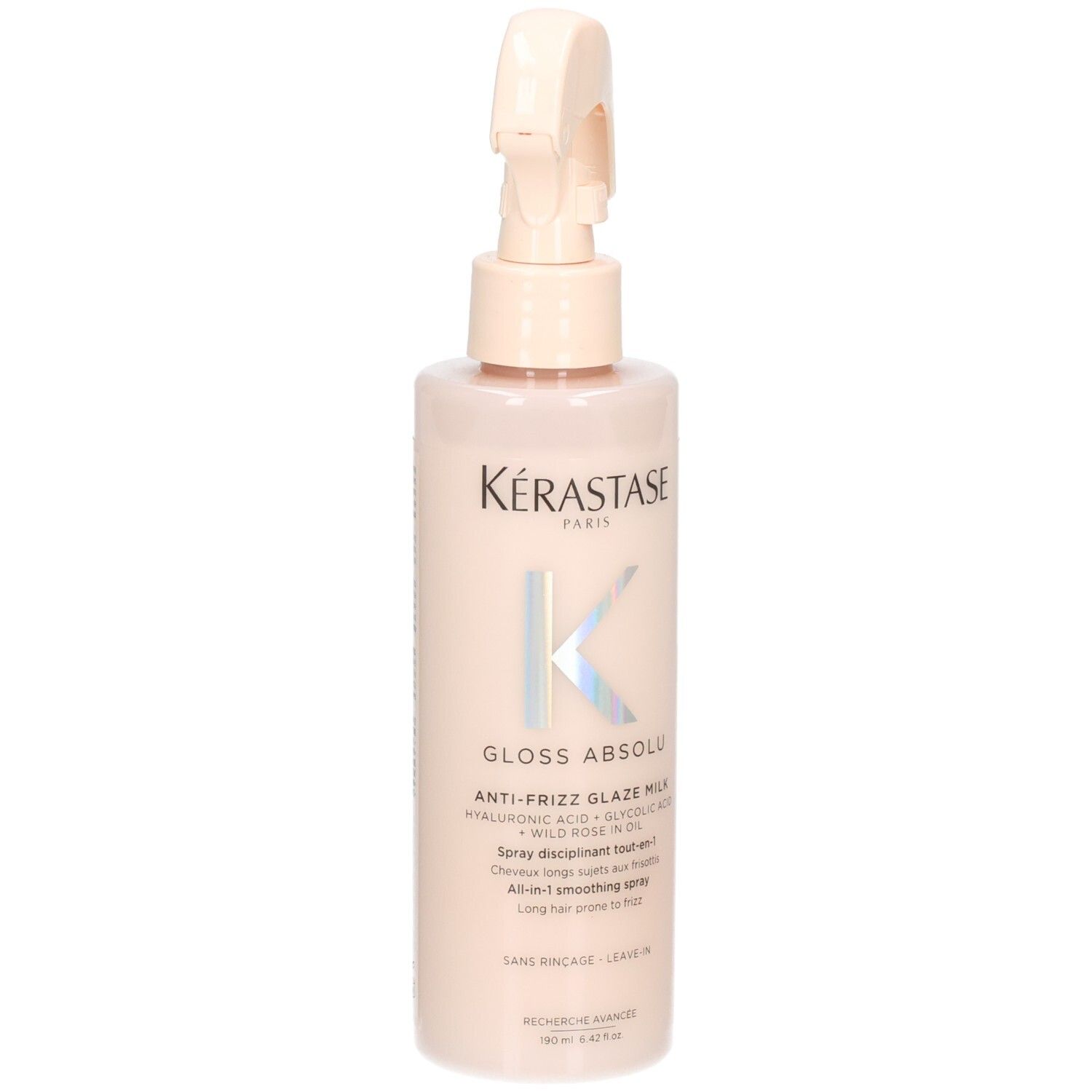 Kérastase Anti-Frizz Glaze Milk Flasche mit Sprühkopf. Enthält Hyaluronsäure und Wildrosenöl.