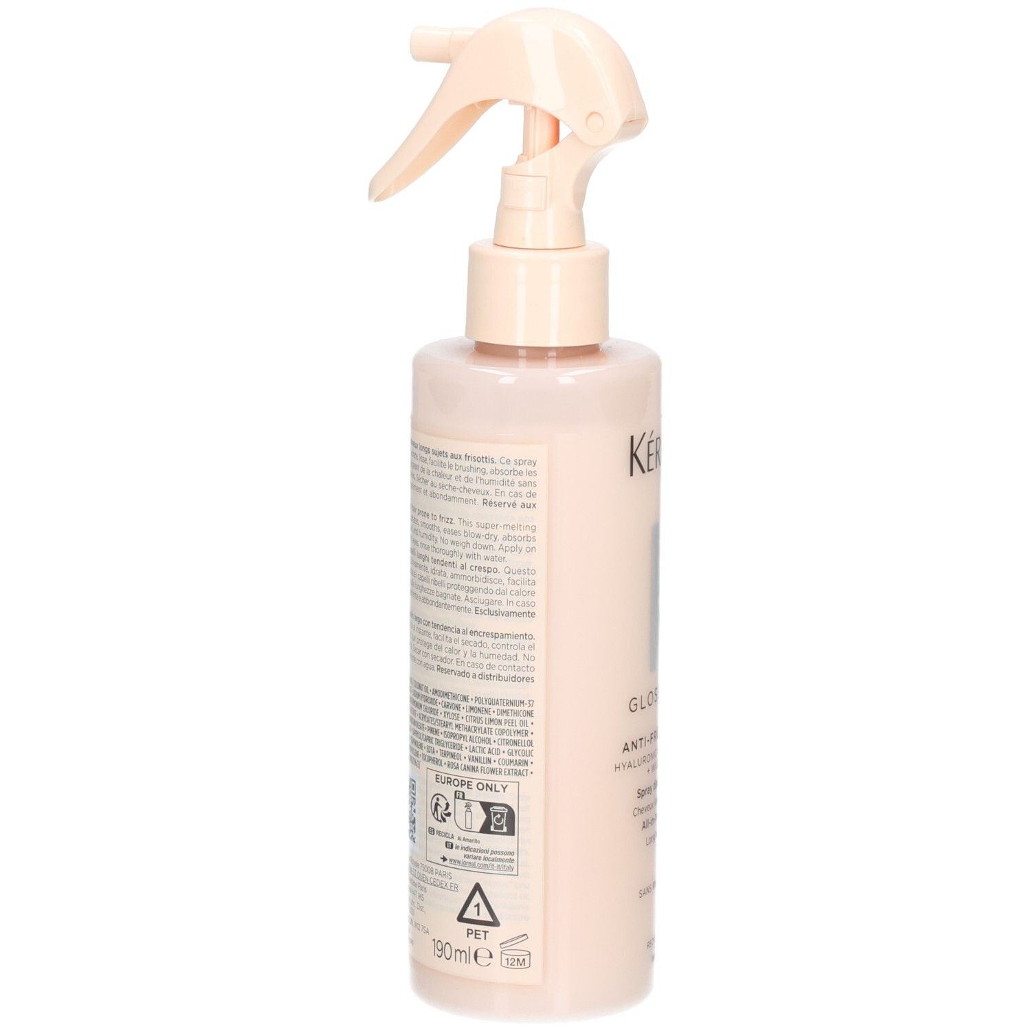 Ein hellrosa Pumpsprühflakon mit Kérastase-Logo und Produktinformationen. Enthält 190 ml.