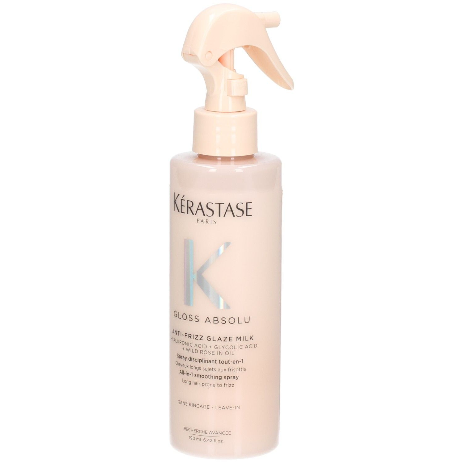 Kérastase Gloss Absolu Anti-Frizz Glaze Milk Spray in einer hellrosa Sprühflasche.