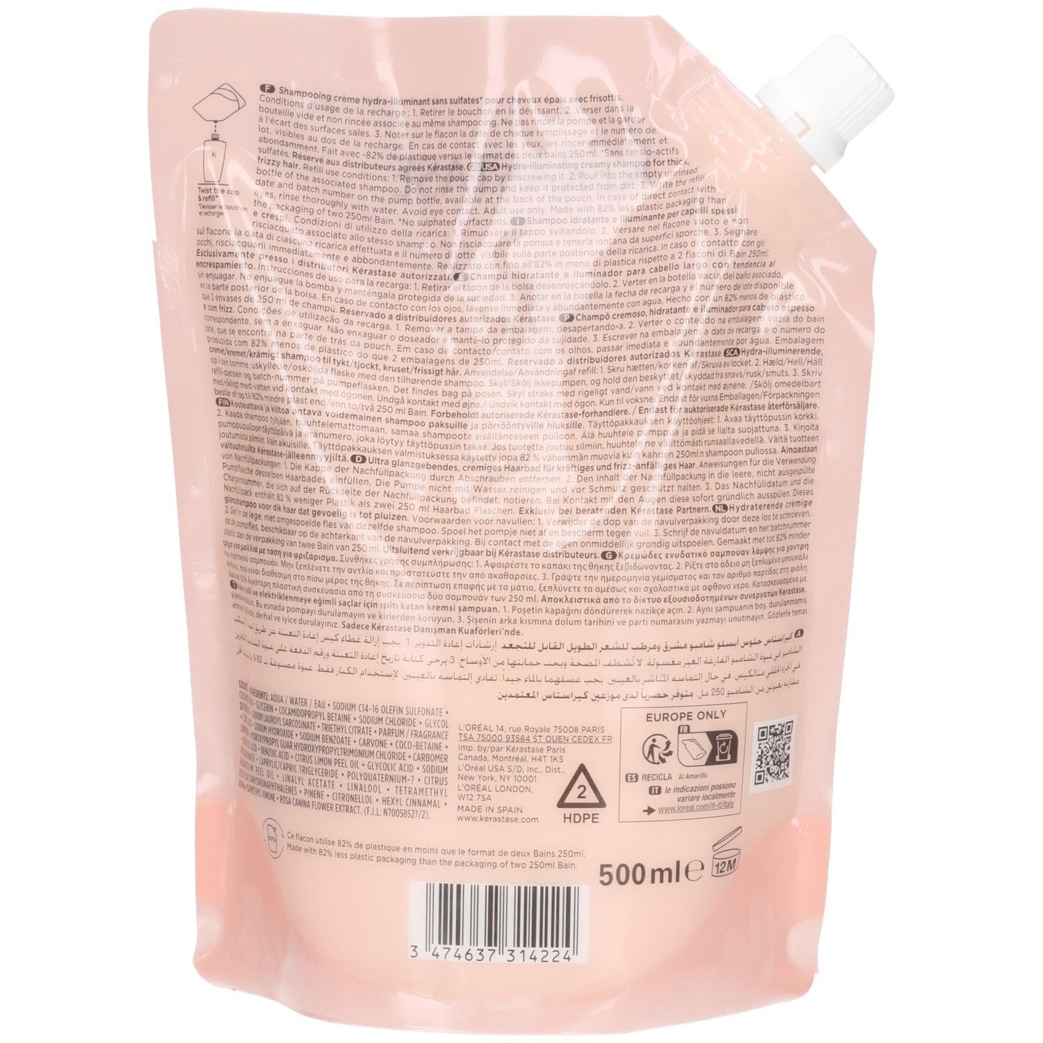 Rückseite des Kérastase Gloss Absolu Bain Nutri Shampoo Nachfüllbeutels mit Produktinformationen und Barcode.
